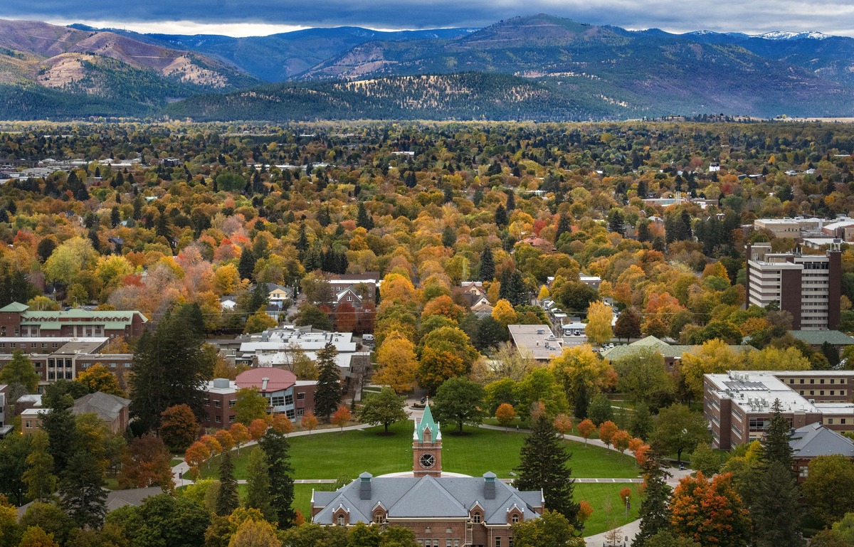 Looking west over campus and Missoula in fall