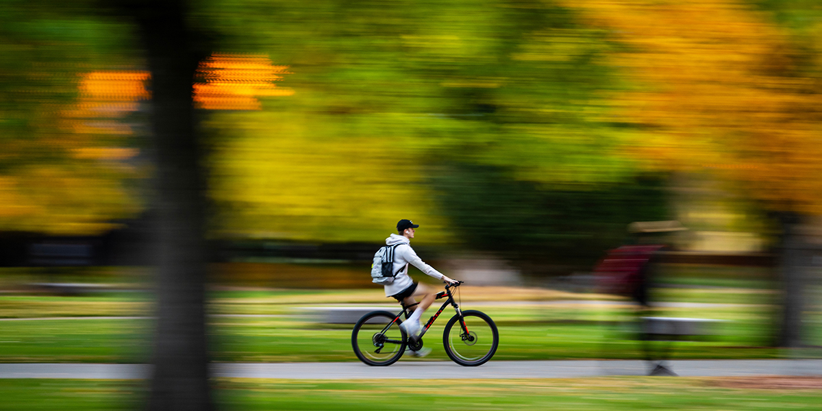 A student bikes across UM's colorful campus in fall