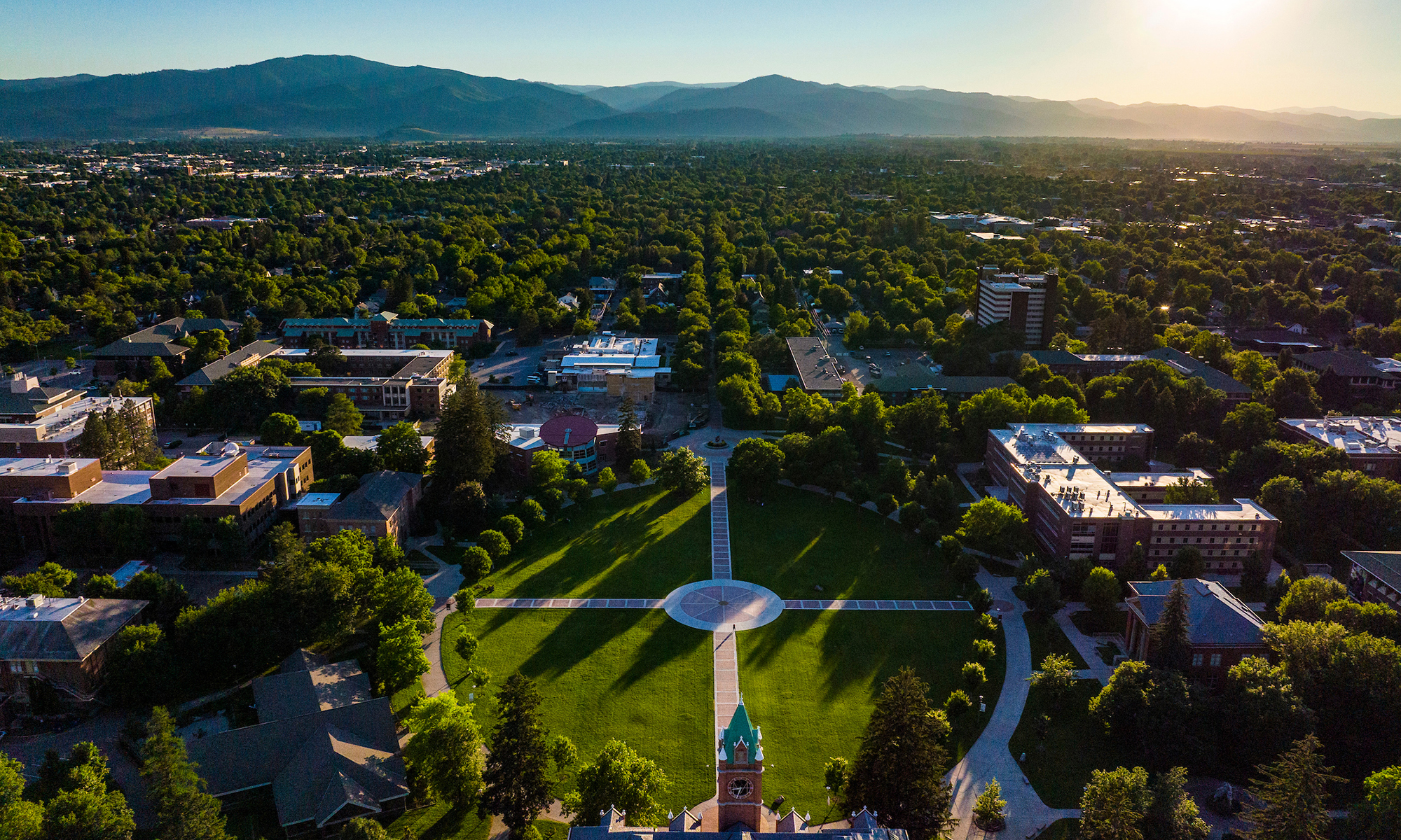 Shadows fall across the UM campus, as seen from a drone in the sky