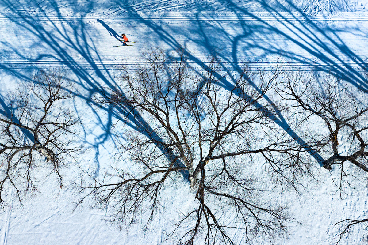 A cross-country skier skates the groomed trails at the UM Golf Course.