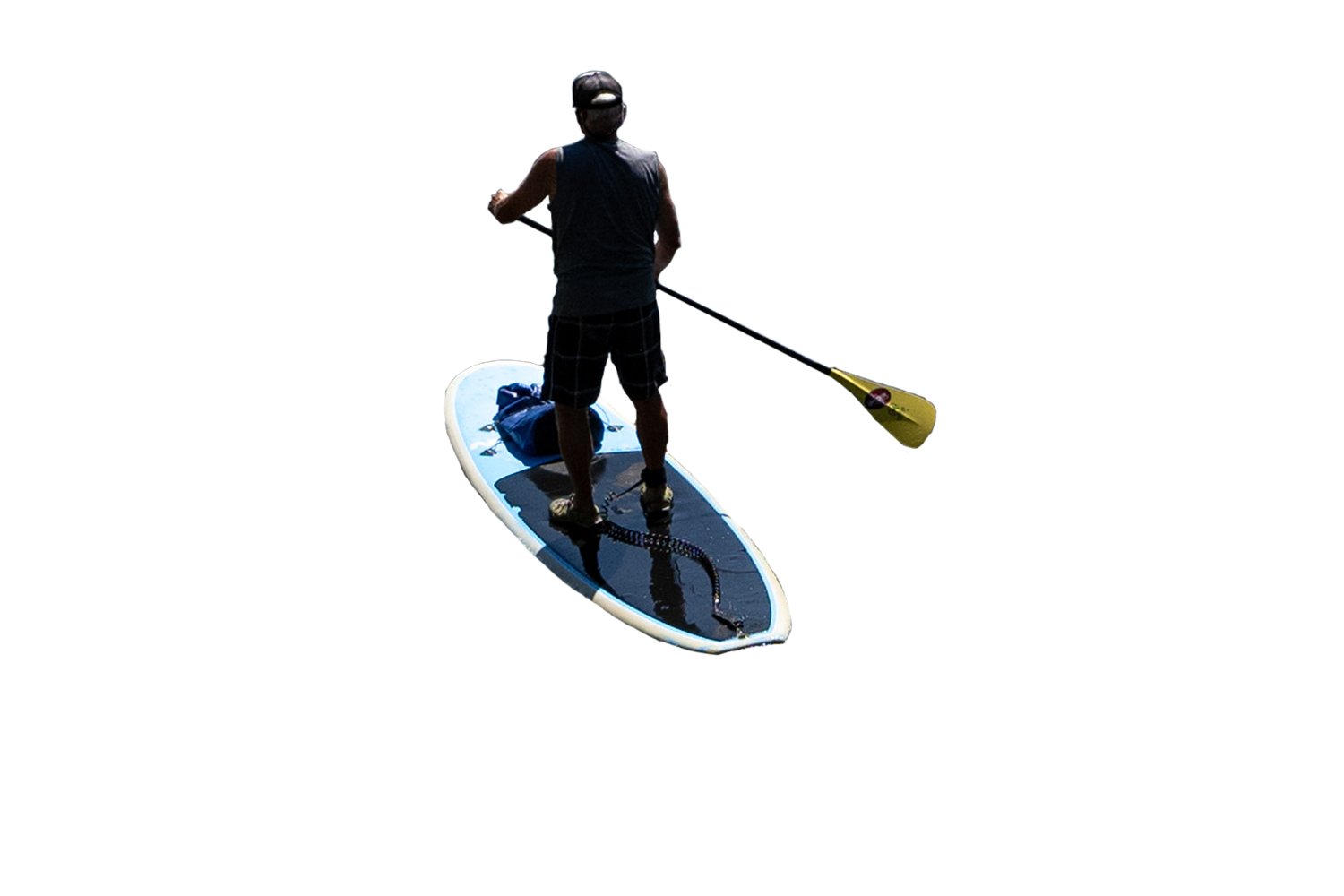 person wearing a hat, swimming trunks and a swim shirt stand-up paddle-boarding on the Clark Fork river in Missoula